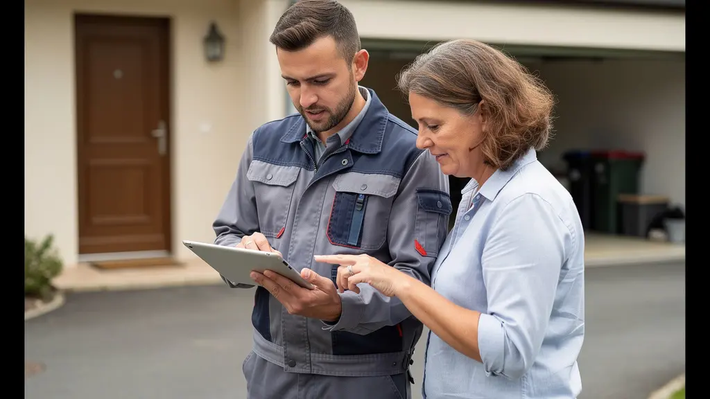 Technicien présentant le rapport d'inspection vidéo à une propriétaire devant sa maison