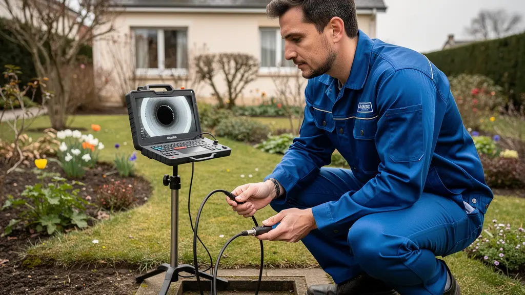 Technicien réalisant une inspection vidéo de canalisation près d'un regard extérieur